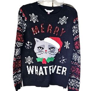 Ugly Christmas Sweater Black Red White Cat Santa Size 11-13